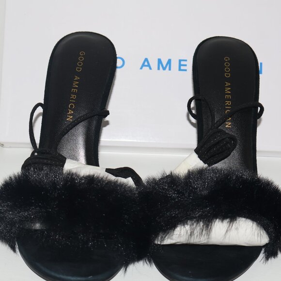 Good American Fluff Wrap Heeled Sandals Black Faux Fur Stiletto 4in Size 7 - Picture 6 of 6